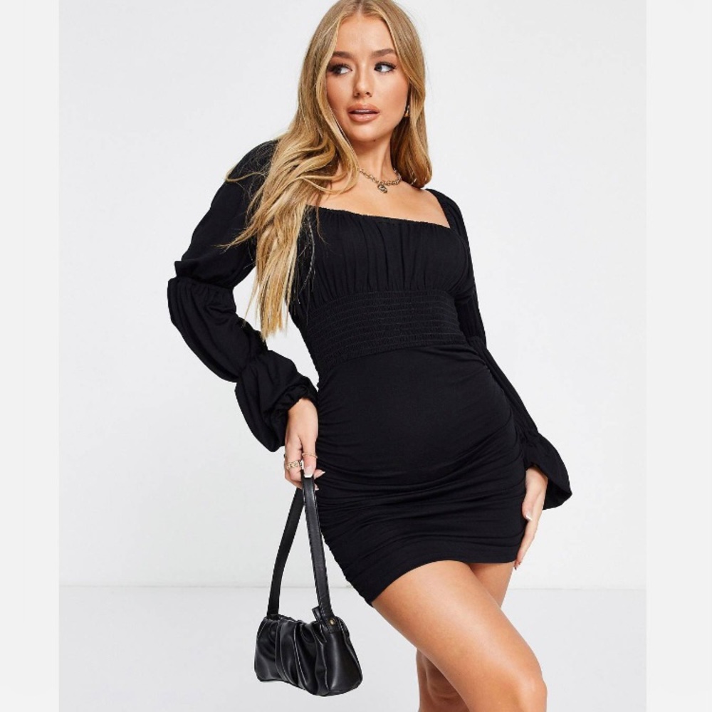 ASOS Black Ruched Sheered Squared Neck Mini Dress